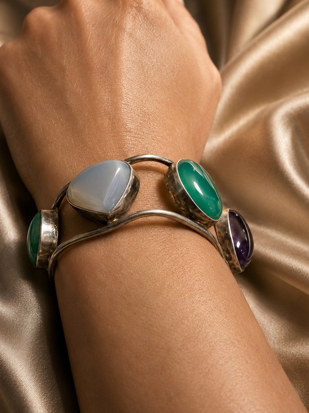 Artisan Sterling Style Multi Gemstone Freeform Cuff Bracelet Vintage